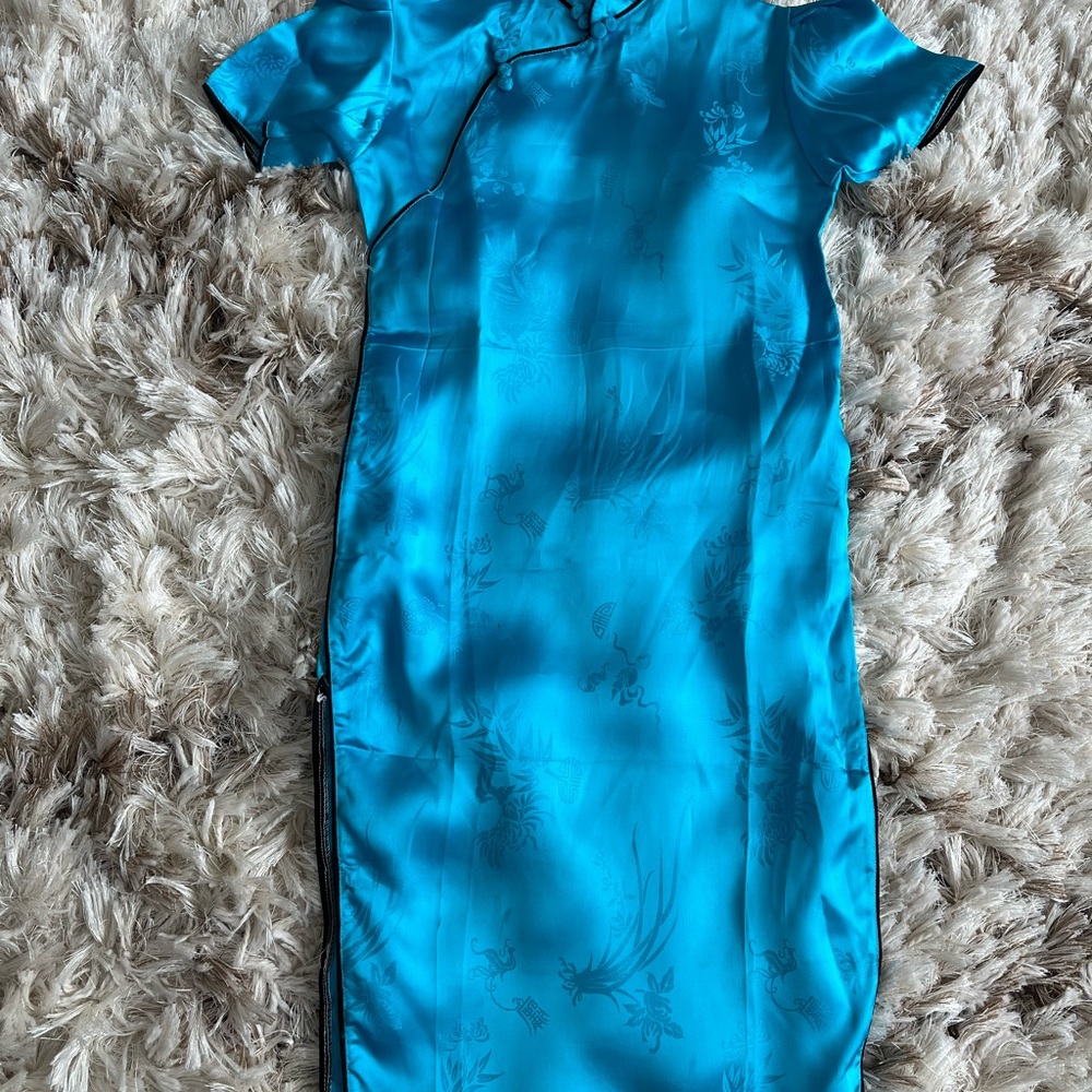 Elegant Blue Satin Cheongsam Dress for Girl